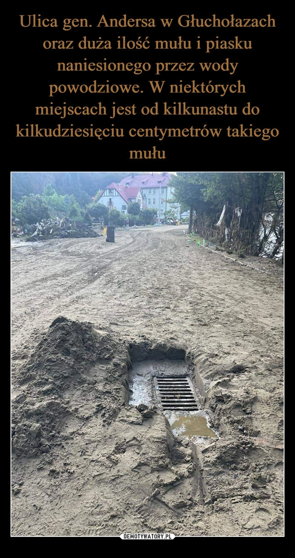 
    Ulica gen. Andersa w Głuchołazach oraz duża ilość mułu i piasku naniesionego przez wody powodziowe. W niektórych miejscach jest od kilkunastu do kilkudziesięciu centymetrów takiego mułu