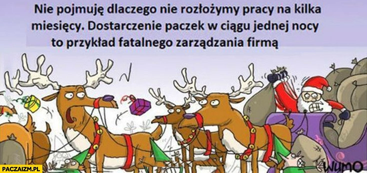 
    Mikołaj renifery dlaczego nie rozłożymy pracy na kilka miesięcy dostarczanie paczek jednej nocy to przykład fatalnego zarządzania firmą