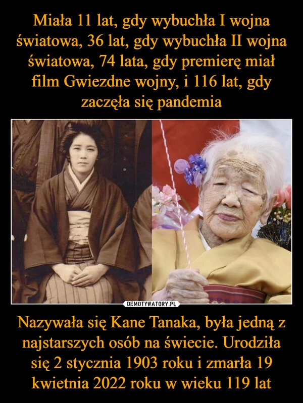 
    Miała 11 lat, gdy wybuchła I wojna światowa, 36 lat, gdy wybuchła II wojna światowa, 74 lata, gdy premierę miał film Gwiezdne wojny, i 116 lat, gdy zaczęła się pandemia Nazywała się Kane Tanaka, była jedną z najstarszych osób na świecie. Urodziła się 2 stycznia 1903 roku i zmarła 19 kwietnia 2022 roku w wieku 119 lat