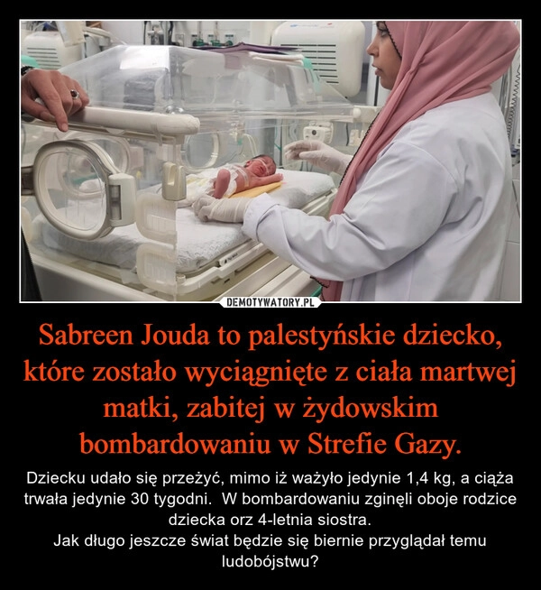 
    Sabreen Jouda to palestyńskie dziecko, które zostało wyciągnięte z ciała martwej matki, zabitej w żydowskim bombardowaniu w Strefie Gazy.