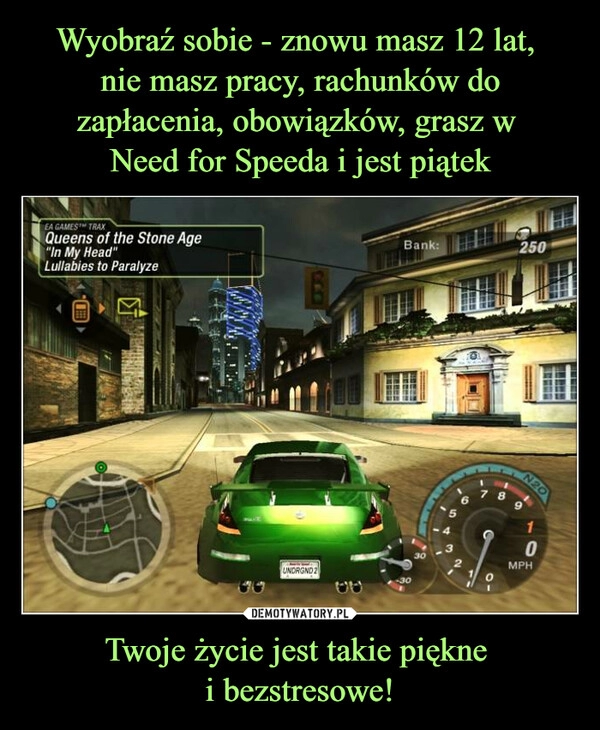 
    Wyobraź sobie - znowu masz 12 lat, 
nie masz pracy, rachunków do zapłacenia, obowiązków, grasz w 
Need for Speeda i jest piątek Twoje życie jest takie piękne 
i bezstresowe!