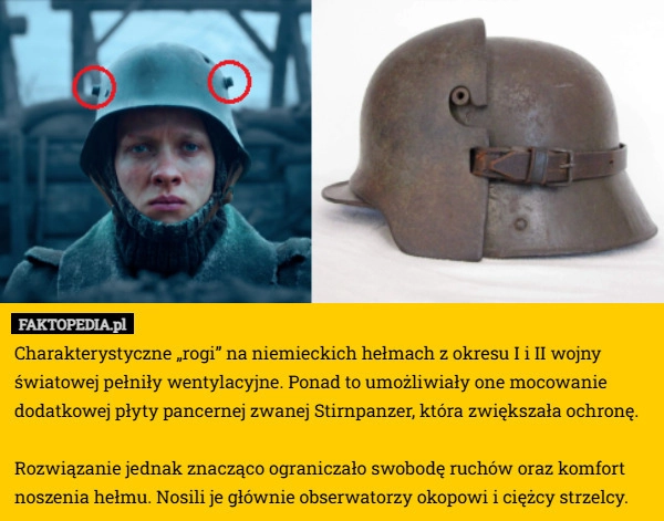 
    Charakterystyczne „rogi” na niemieckich hełmach z okresu I i II wojny światowej