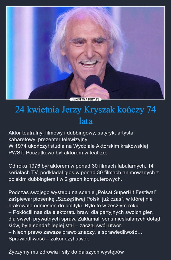 
    24 kwietnia Jerzy Kryszak kończy 74 lata