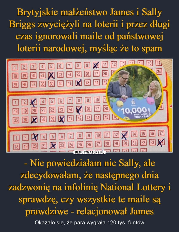 
    Brytyjskie małżeństwo James i Sally Briggs zwyciężyli na loterii i przez długi czas ignorowali maile od państwowej loterii narodowej, myśląc że to spam - Nie powiedziałam nic Sally, ale zdecydowałam, że następnego dnia zadzwonię na infolinię National Lottery i sprawdzę, czy wszystkie te maile są prawdziwe - relacjonował James