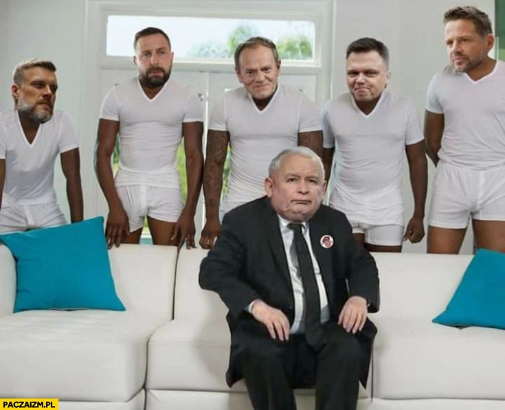 
    Kaczyński na kanapie scena z filmu dla doroslych za nim Zandberg Kosiniak Tusk Hołownia Trzaskowski