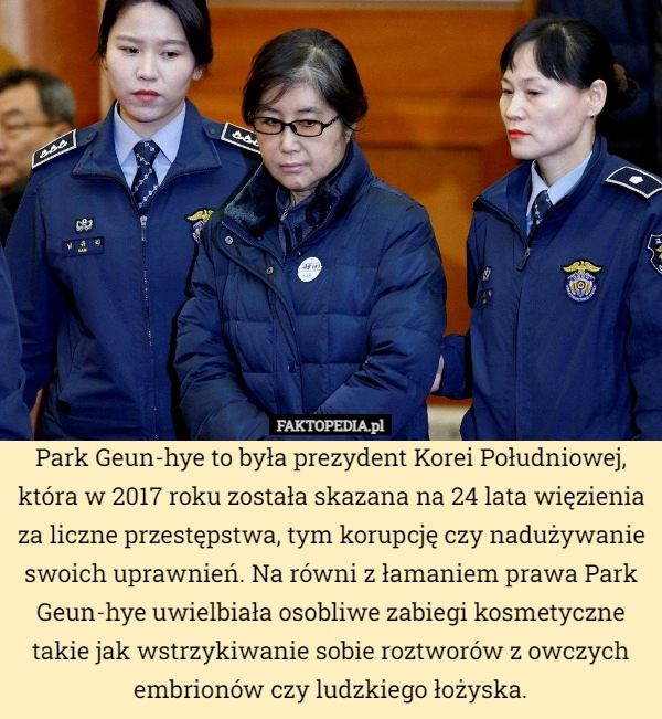 
    Park Geun-hye to była prezydent Korei Południowej, która w 2017 roku została