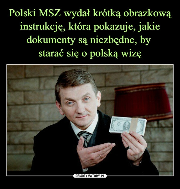 
    Polski MSZ wydał krótką obrazkową instrukcję, która pokazuje, jakie dokumenty są niezbędne, by 
starać się o polską wizę