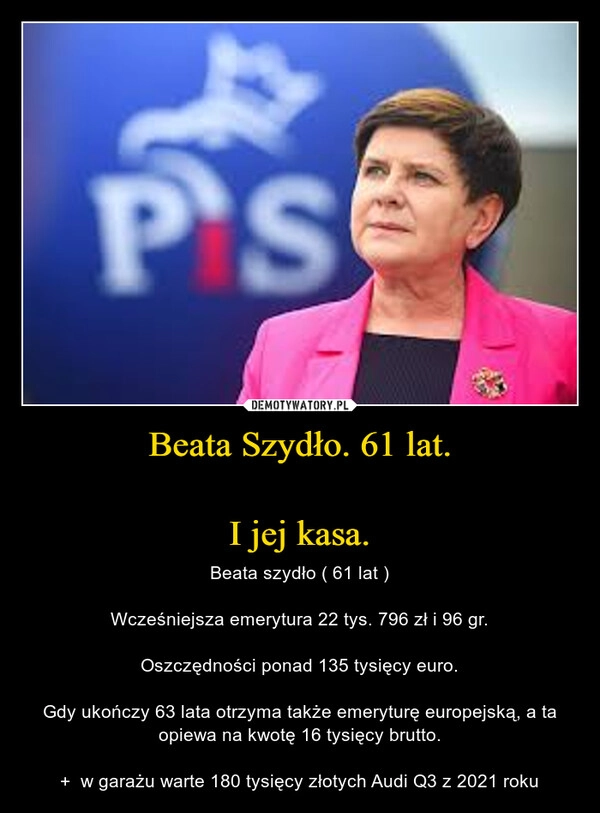 
    Beata Szydło. 61 lat.

I jej kasa.