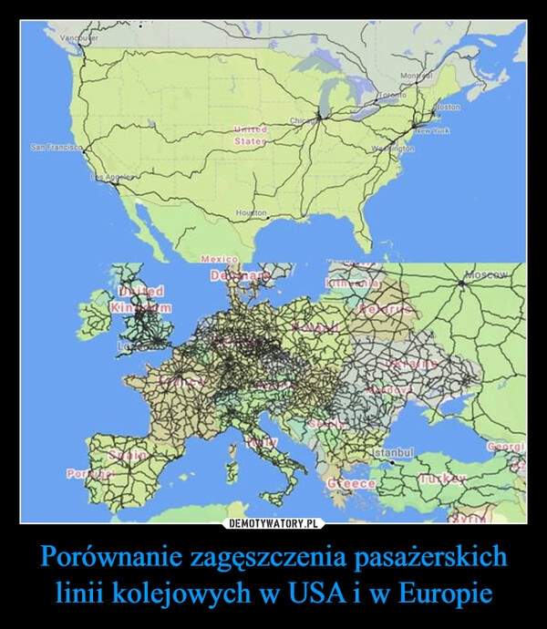 
    
Porównanie zagęszczenia pasażerskich linii kolejowych w USA i w Europie 