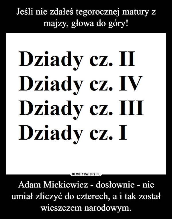 
    Jeśli nie zdałeś tegorocznej matury z majzy, głowa do góry! Adam Mickiewicz - dosłownie - nie umiał zliczyć do czterech, a i tak został wieszczem narodowym.