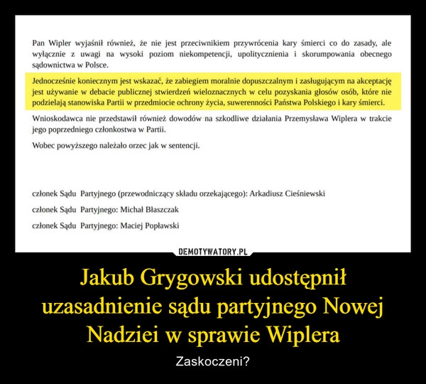 
    Jakub Grygowski udostępnił uzasadnienie sądu partyjnego Nowej Nadziei w sprawie Wiplera