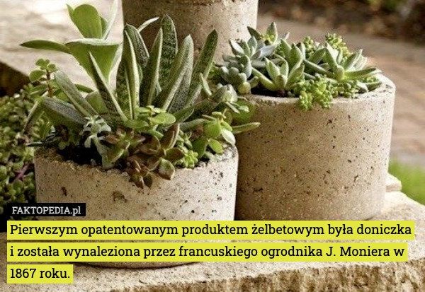 
    Pierwszym opatentowanym produktem żelbetowym była doniczka i została wynaleziona