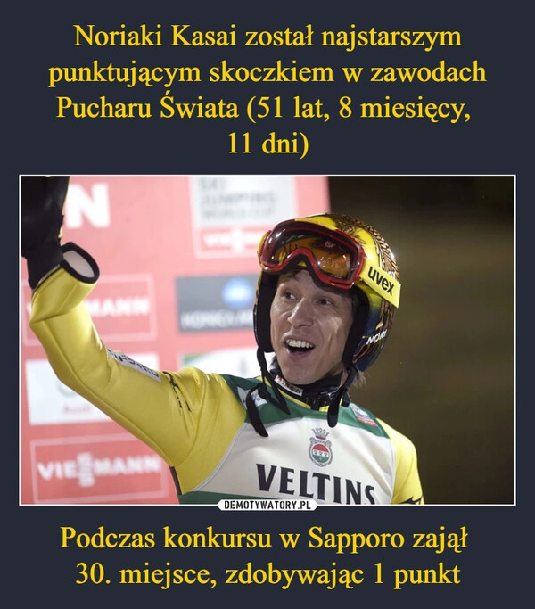 
    Noriaki Kasai został najstarszym punktującym skoczkiem w zawodach Pucharu Świata (51 lat, 8 miesięcy, 
11 dni) Podczas konkursu w Sapporo zajął 
30. miejsce, zdobywając 1 punkt