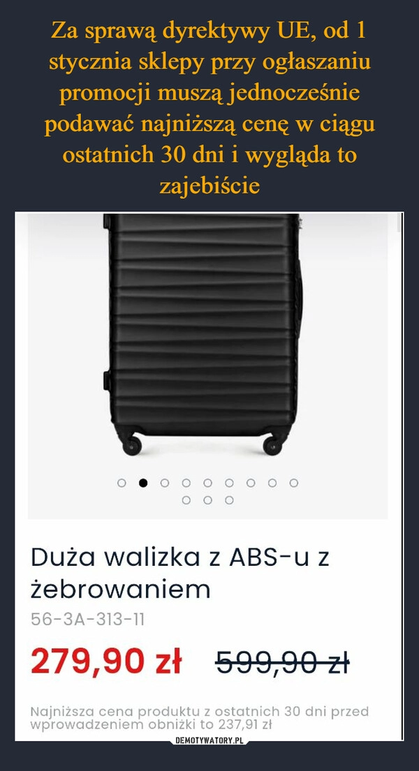 
    Za sprawą dyrektywy UE, od 1 stycznia sklepy przy ogłaszaniu promocji muszą jednocześnie podawać najniższą cenę w ciągu ostatnich 30 dni i wygląda to zajebiście 