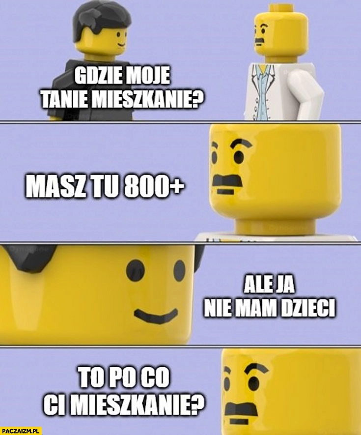 
    Gdzie moje mieszkanie? Masz tu 800 plus, ale ja nie mam dzieci, to po co ci mieszkanie? Lego