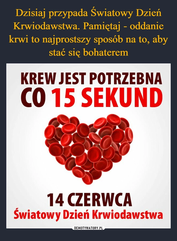 
    Dzisiaj przypada Światowy Dzień Krwiodawstwa. Pamiętaj - oddanie krwi to najprostszy sposób na to, aby stać się bohaterem