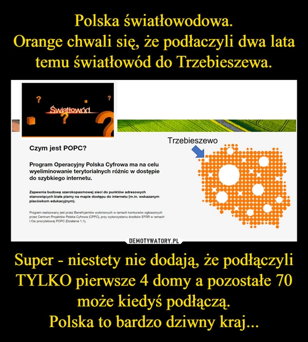 
    Polska światłowodowa.
Orange chwali się, że podłaczyli dwa lata temu światłowód do Trzebieszewa. Super - niestety nie dodają, że podłączyli TYLKO pierwsze 4 domy a pozostałe 70 może kiedyś podłączą.
Polska to bardzo dziwny kraj...