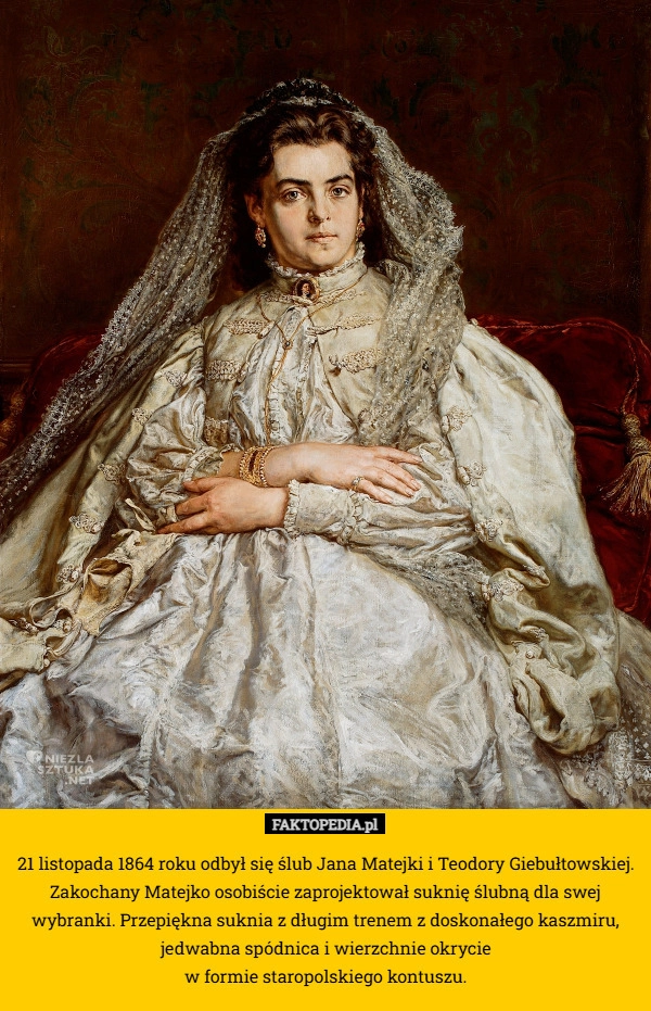 
    21 listopada 1864 roku odbył się ślub Jana Matejki i Teodory Giebułtowskiej.