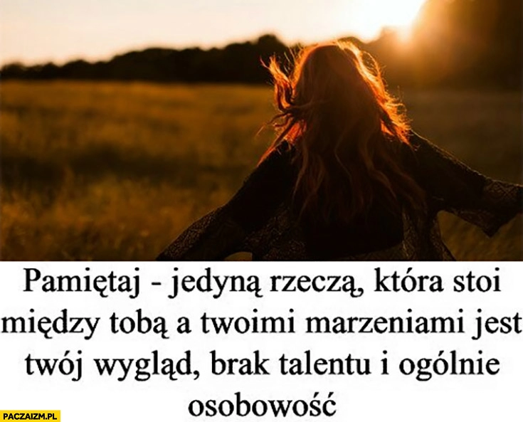 
    Pamiętaj jedyną rzeczą która stoi między Tobą a Twoimi marzeniami jest Twój wygląd, brak talentu i ogólnie osobowość