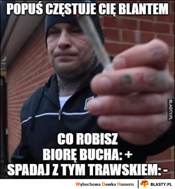 
    Popuś częstuje Cię blantem, co robisz? + biorę bucha, - spadaj z tym trawskiem