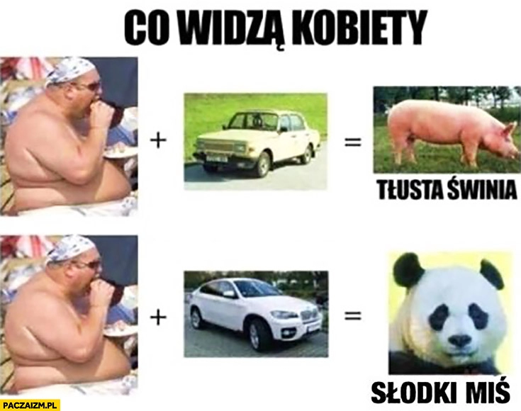 
    Co widzą kobiety: grubas + kiepskie auto = tłusta świnia, tłuścioch + BMW = słodki miś