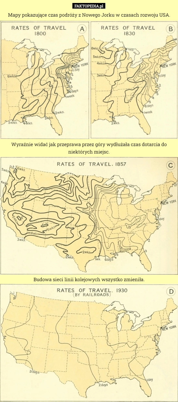 
    Mapy pokazujące czas podróży z Nowego Jorku w czasach rozwoju USA.