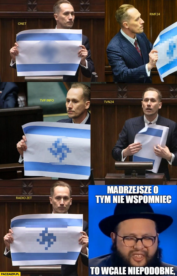 
    Konrad Berkowicz z flagą Izraela ze swastyką w sejmie telewizje ocenzurowały mądrzejsze o tym nie wspominać