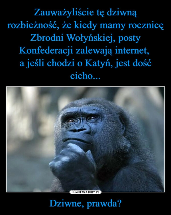 
    Zauważyliście tę dziwną rozbieżność, że kiedy mamy rocznicę Zbrodni Wołyńskiej, posty Konfederacji zalewają internet, 
a jeśli chodzi o Katyń, jest dość cicho... Dziwne, prawda?