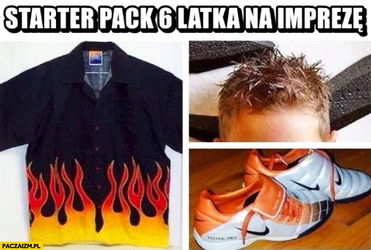 
    Starter pack 6-latka na imprezę koszula płomienie, włosy na żel, halówki