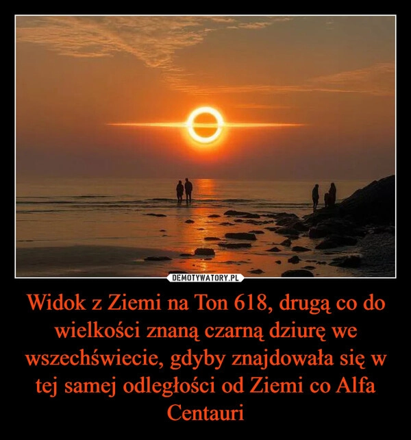 
    Widok z Ziemi na Ton 618, drugą co do wielkości znaną czarną dziurę we wszechświecie, gdyby znajdowała się w tej samej odległości od Ziemi co Alfa Centauri