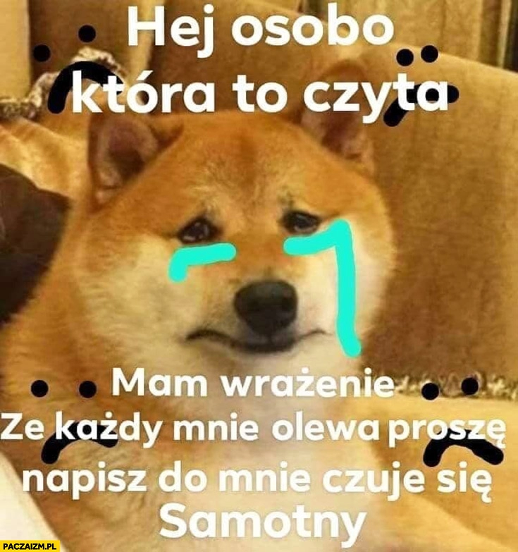 
    Pieseł pies płacze hej osobo która to czyta mam wrażenie, że każdy mnie olewa proszę napisz do mnie czuję się samotny