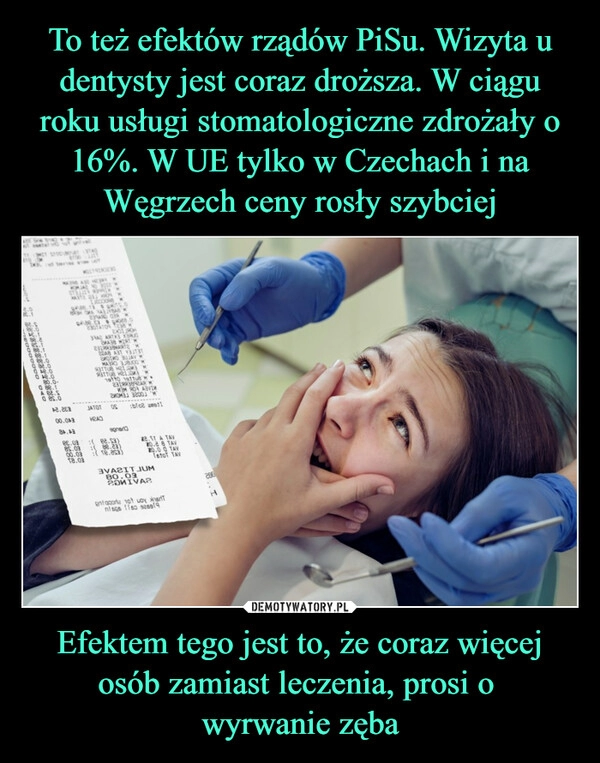 
    To też efektów rządów PiSu. Wizyta u dentysty jest coraz droższa. W ciągu roku usługi stomatologiczne zdrożały o 16%. W UE tylko w Czechach i na Węgrzech ceny rosły szybciej Efektem tego jest to, że coraz więcej osób zamiast leczenia, prosi o 
wyrwanie zęba