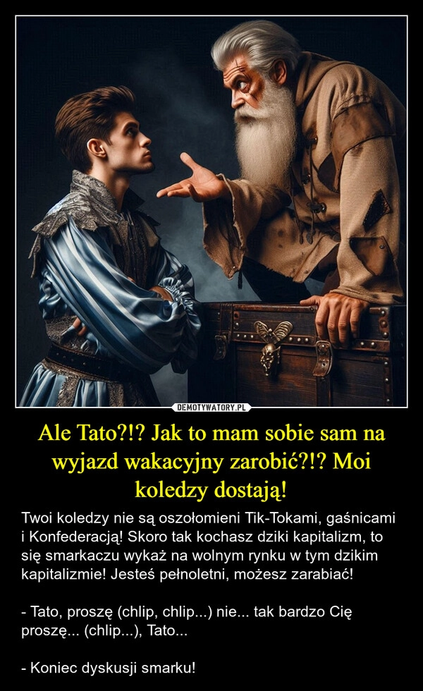 
    Ale Tato?!? Jak to mam sobie sam na wyjazd wakacyjny zarobić?!? Moi koledzy dostają!