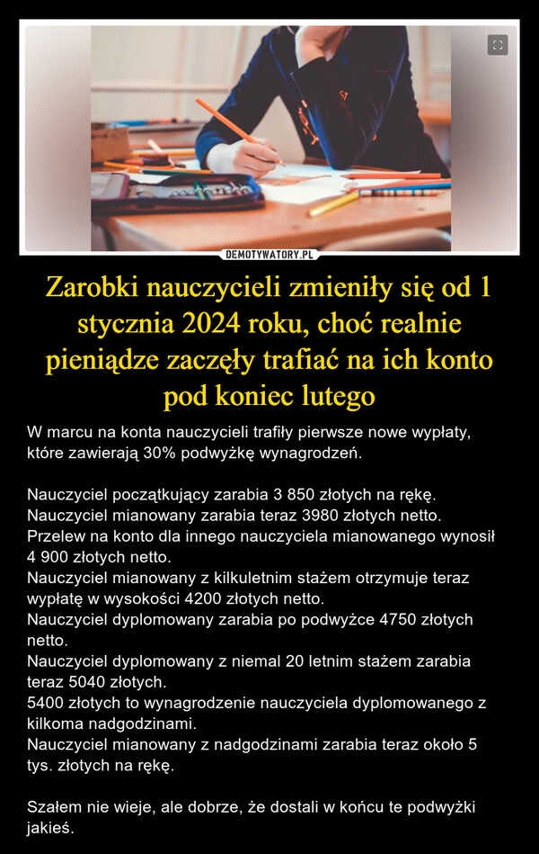 
    Zarobki nauczycieli zmieniły się od 1 stycznia 2024 roku, choć realnie pieniądze zaczęły trafiać na ich konto pod koniec lutego