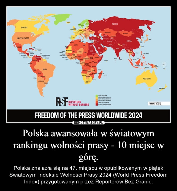 
    Polska awansowała w światowym rankingu wolności prasy - 10 miejsc w górę.