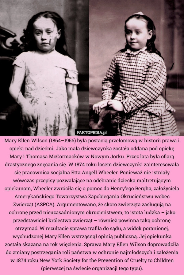 
    Mary Ellen Wilson (1864–1956) była postacią przełomową w historii prawa