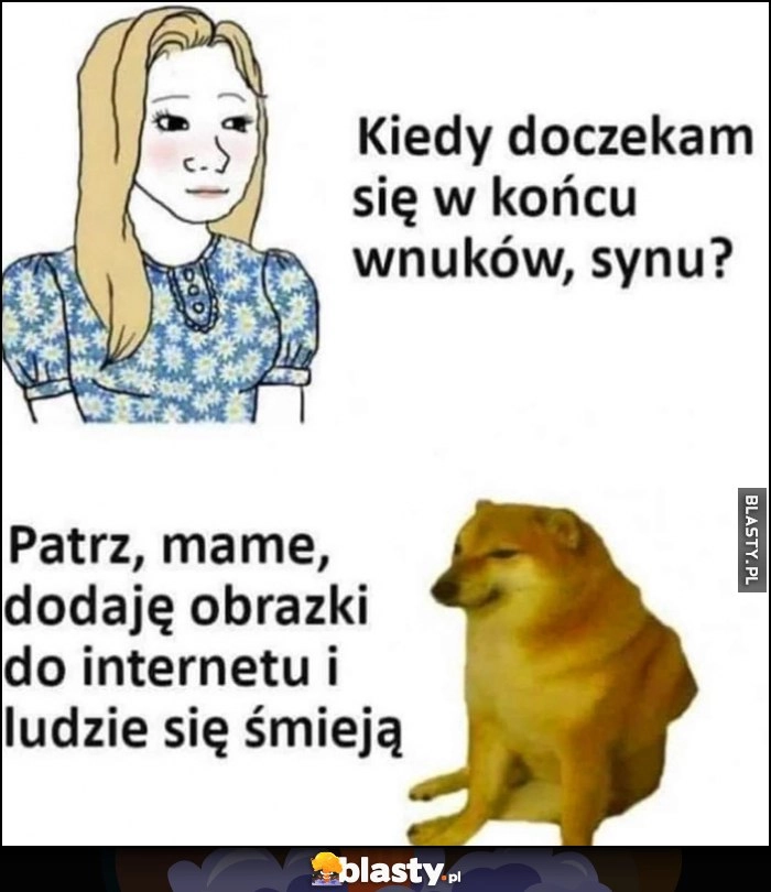 
    Kiedy doczekam się w końcu wnuków, synu? Patrz mame, dodaję obrazki do internetu i ludzie sie smieją pies pieseł doge cheems