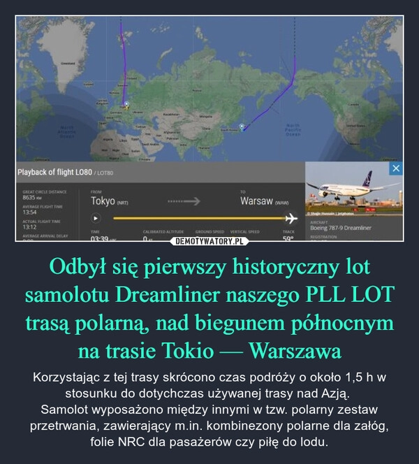 
    Odbył się pierwszy historyczny lot samolotu Dreamliner naszego PLL LOT trasą polarną, nad biegunem północnym na trasie Tokio — Warszawa