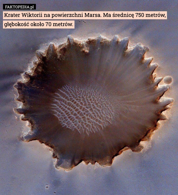 
    Krater Wiktorii na powierzchni Marsa. Ma średnicę 750 metrów, głębokość