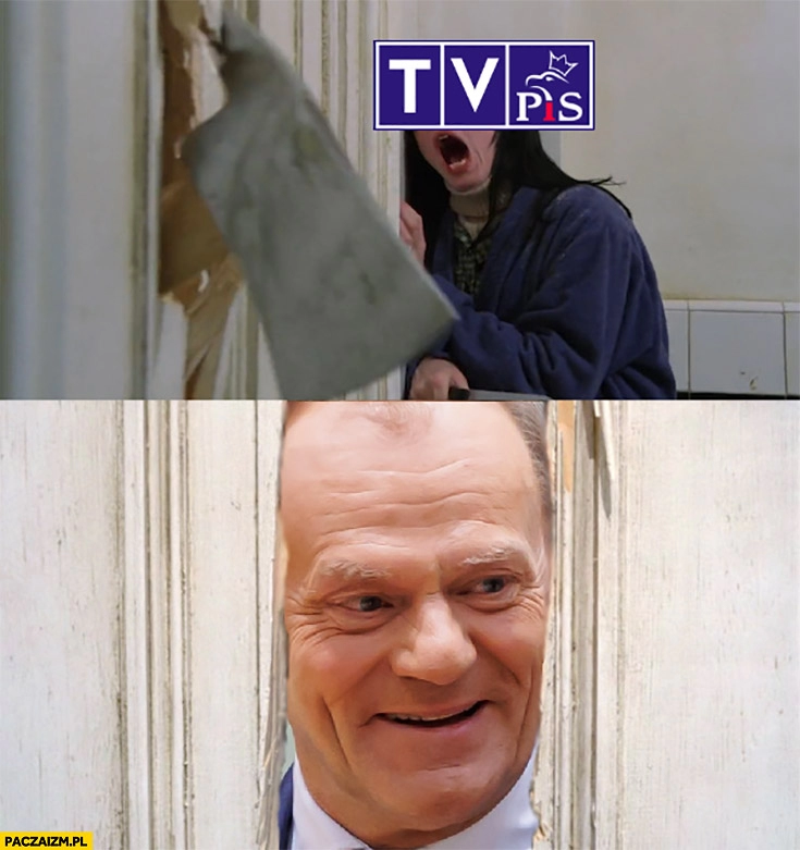 
    Tusk wchodzi do siedziby tvpis TVP Lśnienie scena z siekierą