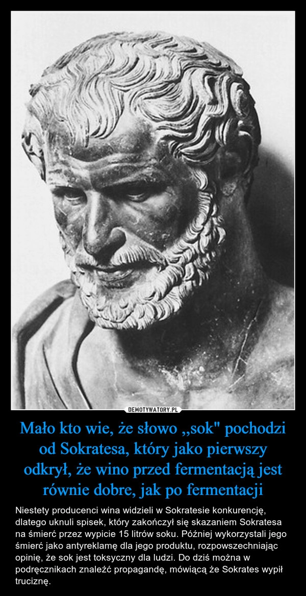 
    Mało kto wie, że słowo ,,sok" pochodzi od Sokratesa, który jako pierwszy odkrył, że wino przed fermentacją jest równie dobre, jak po fermentacji