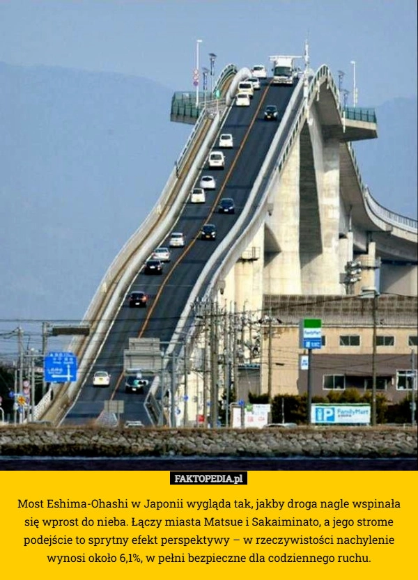 
    Most Eshima-Ohashi w Japonii wygląda tak, jakby droga nagle wspinała się