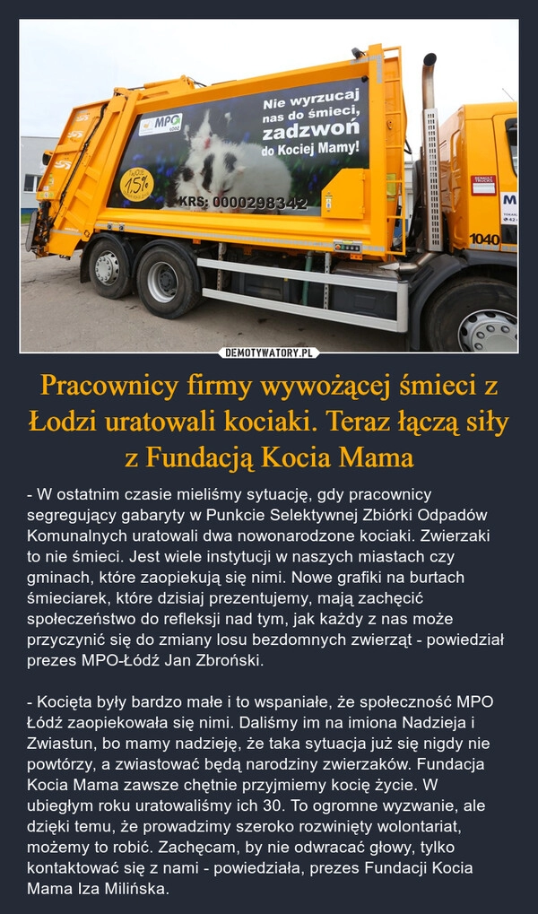 
    Pracownicy firmy wywożącej śmieci z Łodzi uratowali kociaki. Teraz łączą siły z Fundacją Kocia Mama