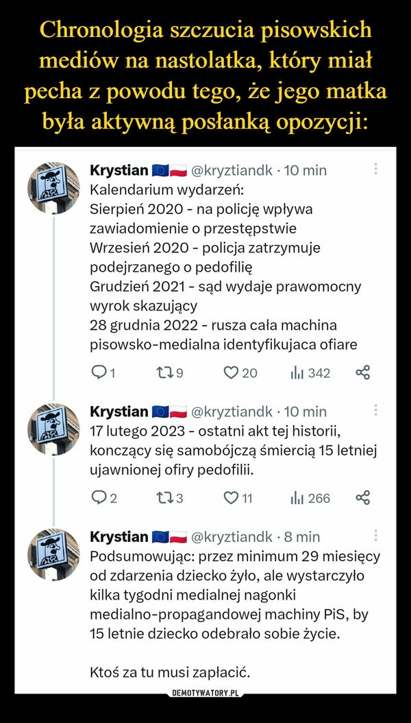 
    Chronologia szczucia pisowskich mediów na nastolatka, który miał pecha z powodu tego, że jego matka była aktywną posłanką opozycji: