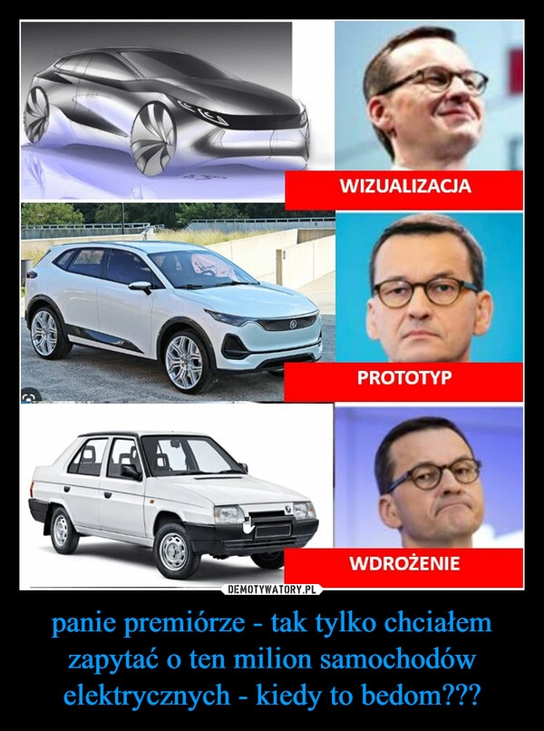 
    panie premiórze - tak tylko chciałem zapytać o ten milion samochodów elektrycznych - kiedy to bedom??? 