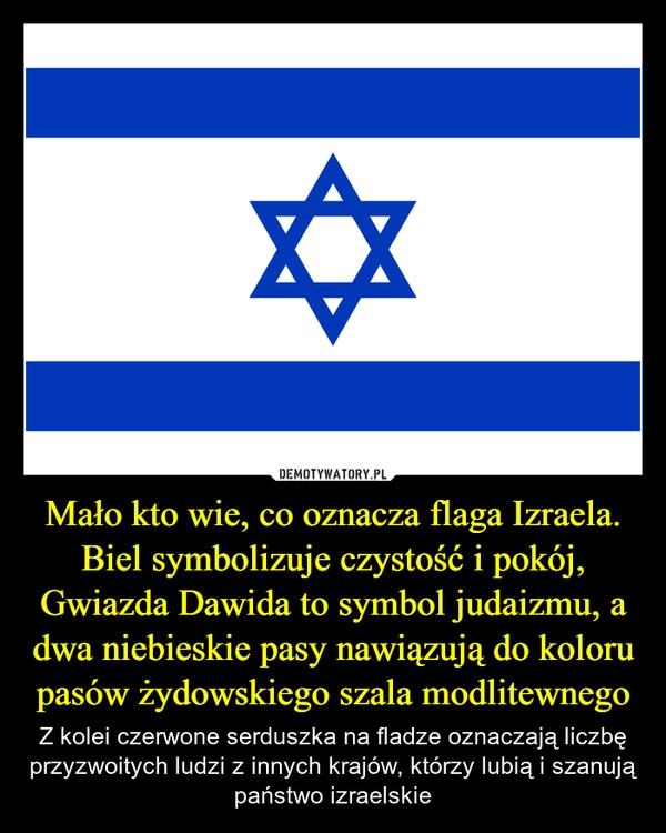 
    Mało kto wie, co oznacza flaga Izraela. Biel symbolizuje czystość i pokój, Gwiazda Dawida to symbol judaizmu, a dwa niebieskie pasy nawiązują do koloru pasów żydowskiego szala modlitewnego