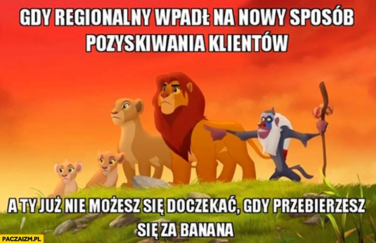 
    Gdy regionalny wpadł na nowy sposób pozyskiwania klientów a Ty już nie możesz się doczekać gdy przebierzesz się za banana Król Lew