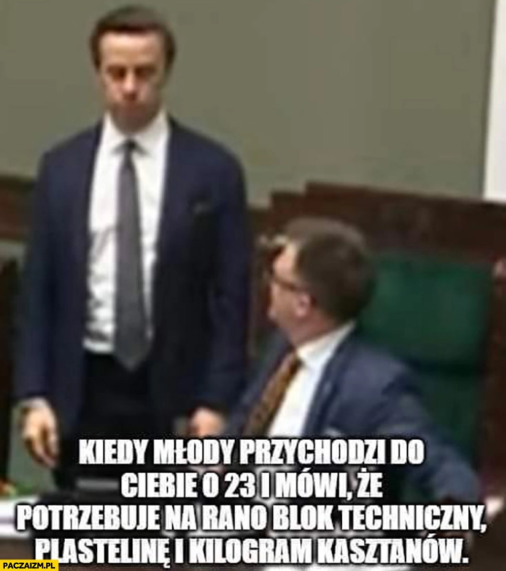 
    Bosak Hołownia kiedy młody przychodzi do ciebie o 23 i mówi, że potrzebuje na rano blok techniczny, plastelinę i kilogram kasztanów