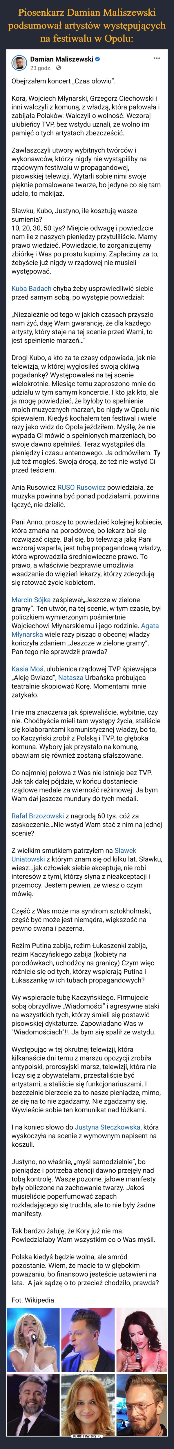 
    Piosenkarz Damian Maliszewski podsumował artystów występujących na festiwalu w Opolu: