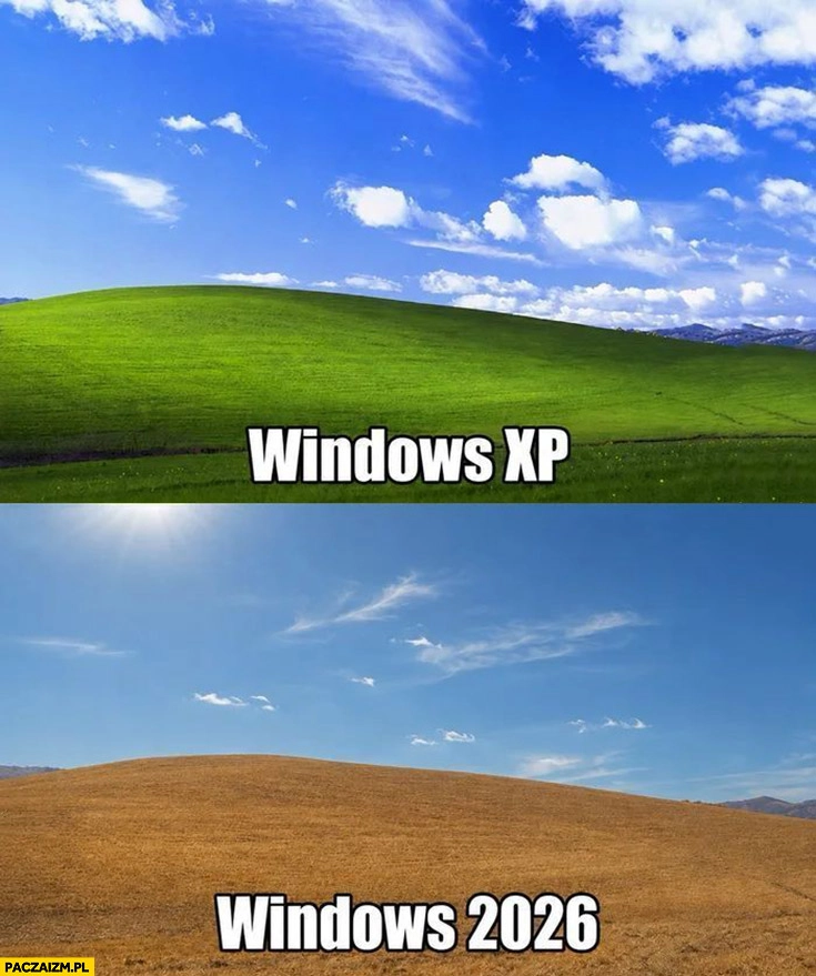 
    Trawka pole z Windows XP vs Windows 2026 susza spalona trawa